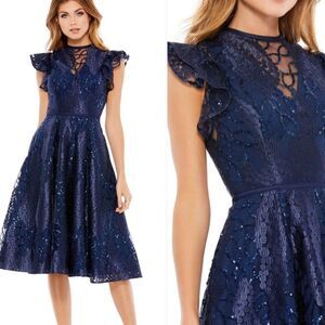 Mac Duggal 12467 Womens Flutter Sleeve Sequin Applique Cocktail Dress Blue 16